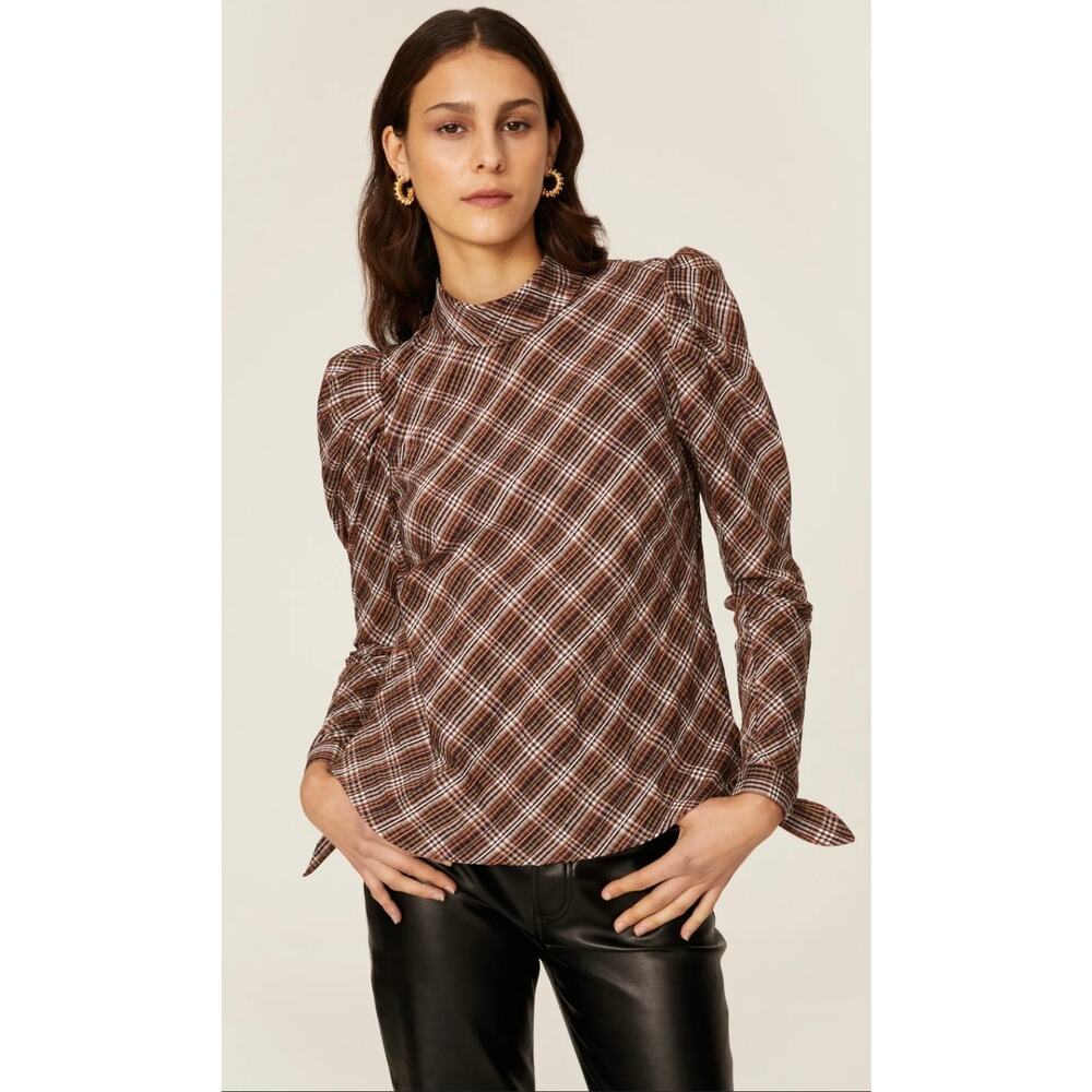 Veronica Beard Plaid Blouse in Brown and White